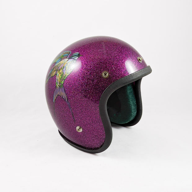 purple-metal-flake-open-face-helmet-with-painted-humming-bird-and-green-suede-interior