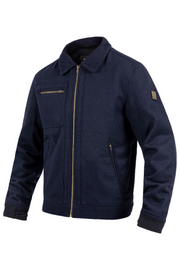 Navy blue jacket with gold zipper and details on a white background