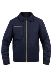 John Doe Escape Wool Jacket dark blue front view on cafe-race bike