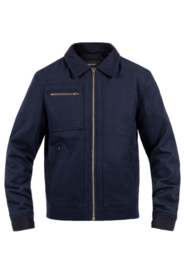 John Doe Escape Wool Jacket dark blue front view on cafe-race bike