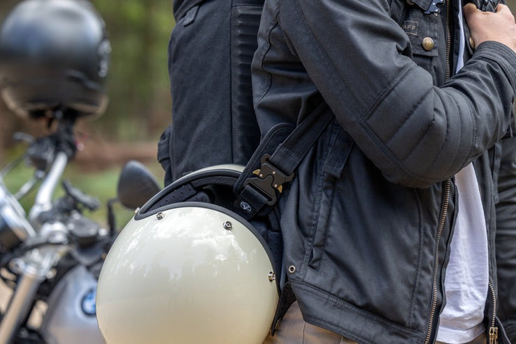 wentworth moto sidekick waxed canvas motorcycle backpack with helmet sling