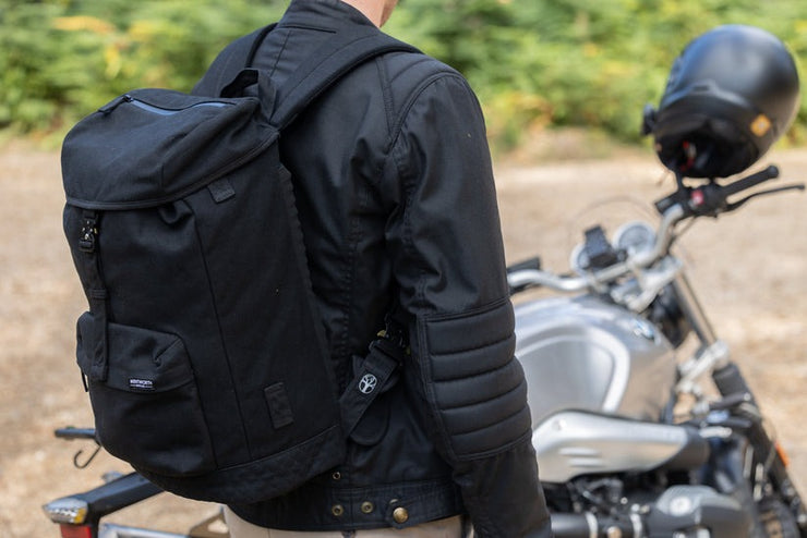 wentworth moto sidekick waxed canvas motorcycle backpack on rider