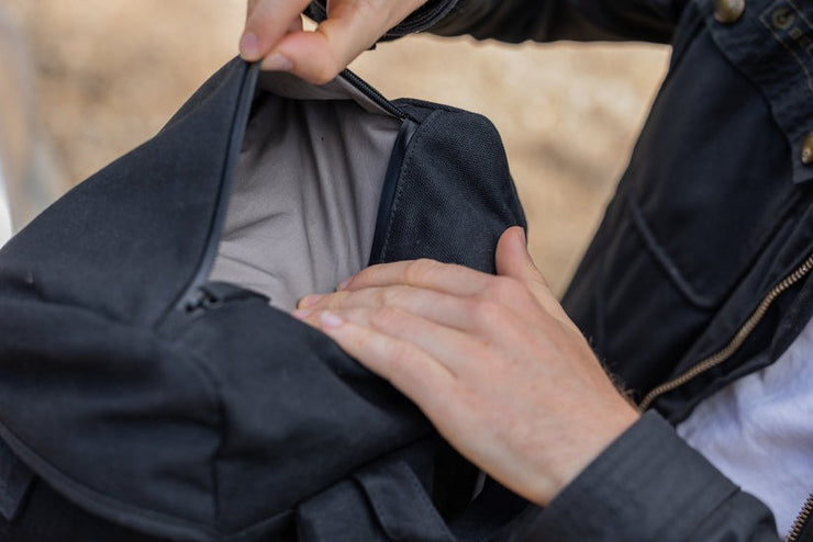 wentworth moto sidekick waxed canvas motorcycle backpack glove pocket