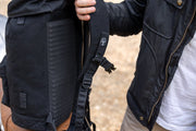 wentworth moto sidekick waxed canvas motorcycle backpack rider holding strap