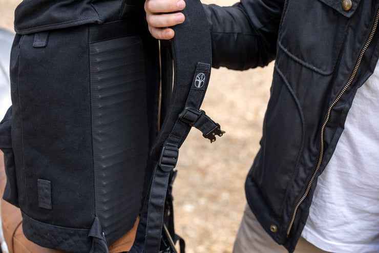 wentworth moto sidekick waxed canvas motorcycle backpack rider holding strap