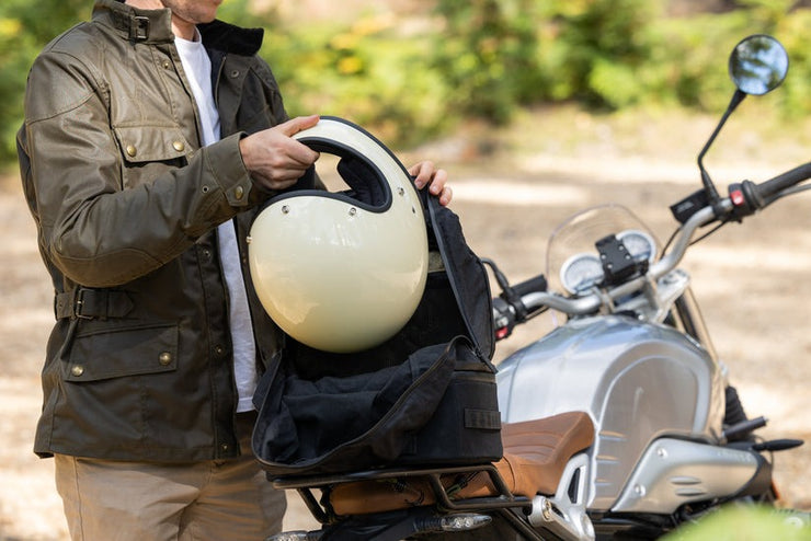 wentworth moto waxed canvas switchback tail bag and backpack with helmet