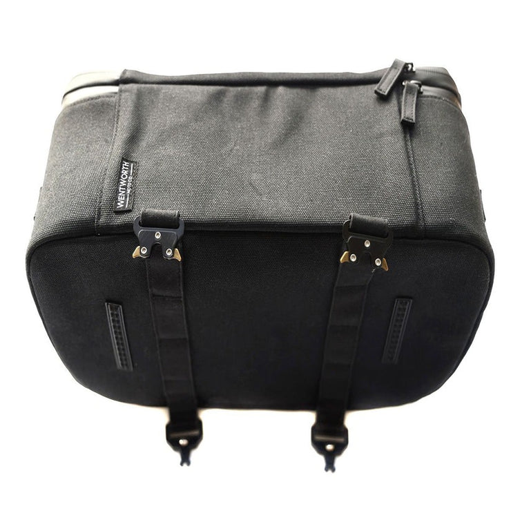 wentworth moto waxed canvas switchback tail bag and backpack bottom mounts