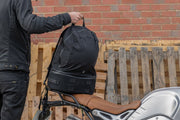 wentworth moto waxed canvas switchback tail bag and backpack on motorcycle