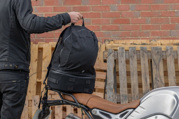 wentworth moto waxed canvas switchback tail bag and backpack on motorcycle