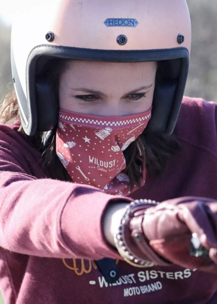 wildust sisters red chili neck warmer on female rider