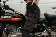 side-view-of-womens-black-cargo-motorcycle-pants