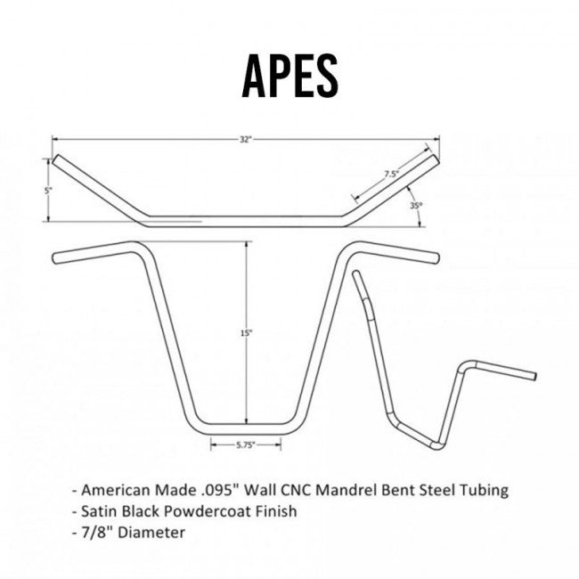 TC Bros. 7/8" Ape Hanger Handlebars - 15" Black Powdercoated