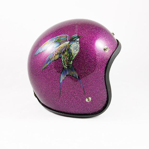 purple-metal-flake-three-quarter-motorcycle-helmet-with-painted-humming-bird