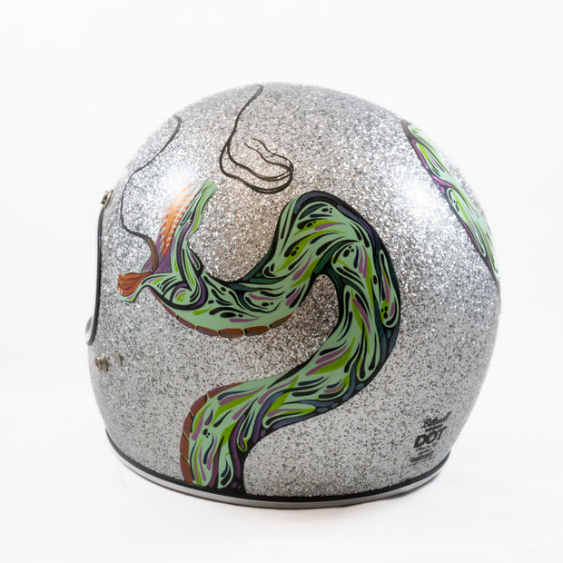 green-painted-snake-on-silver-metal-flake-motorcycle-helmet