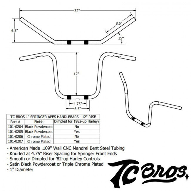 TC Bros. 1" Springer Apes Handlebars - 12"