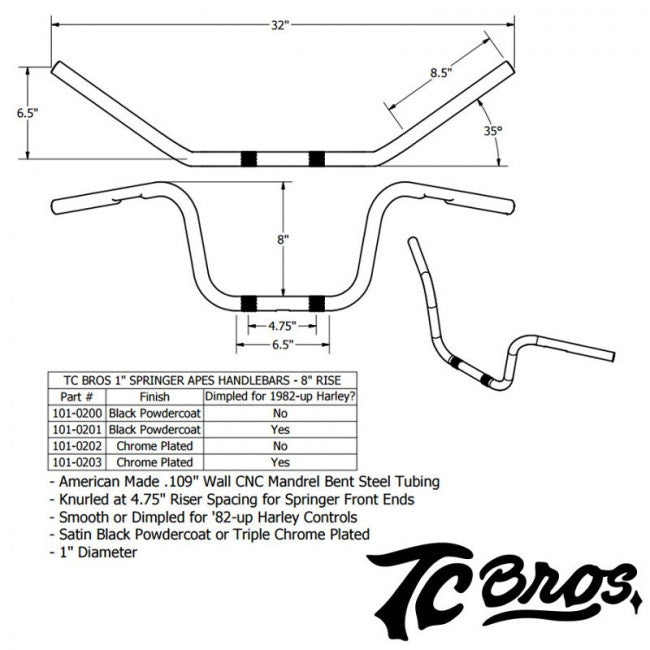 TC Bros. 8" Springer Apes Handlebars - 1"