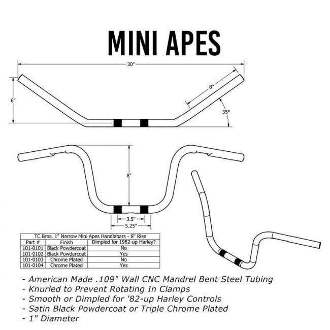 TC Bros - 8" Narrow Mini Apes Handlebars 1"